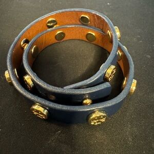 Tory Burch Double Wrap Logo Bracelet Blue Gold - Small